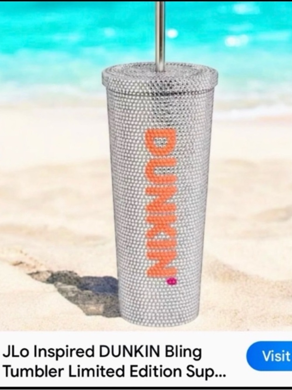Dunkin' Rhinestone hot or cold Silver Tumbler with Logo, stainless steel
